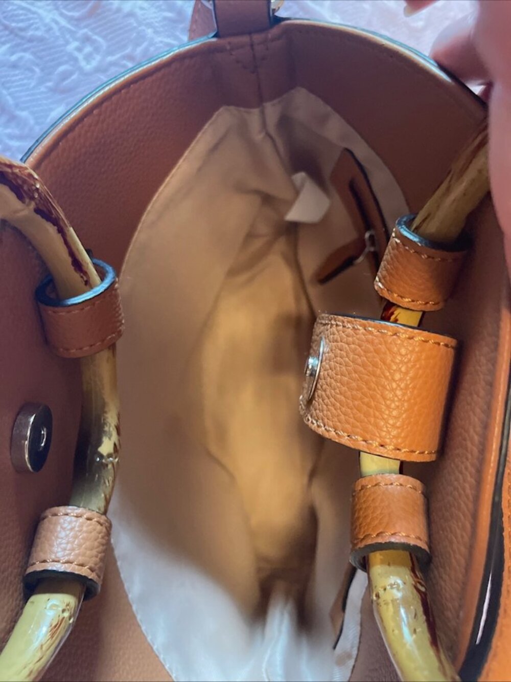 Dana Buchman Crossbody Handles Bag Floral and Tan Bamboo Handles - Picture 6 of 9